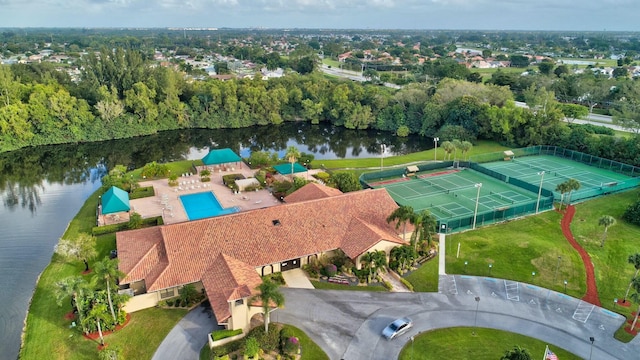 bird's eye view with a water view