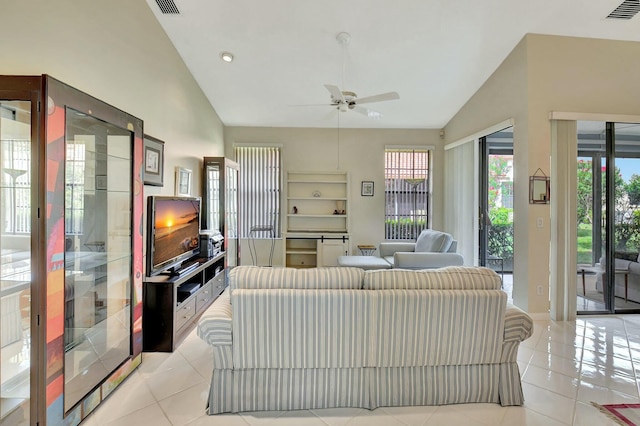 living area with visible vents, ceiling fan, light tile patterned flooring, high vaulted ceiling, and recessed lighting