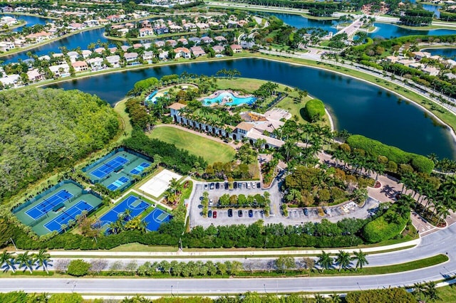 drone / aerial view with a water view