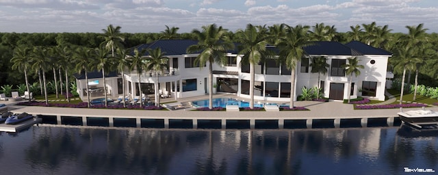 back of house with a patio area, a water view, a community pool, and stucco siding