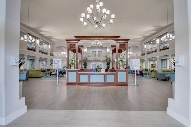 reception area with a notable chandelier