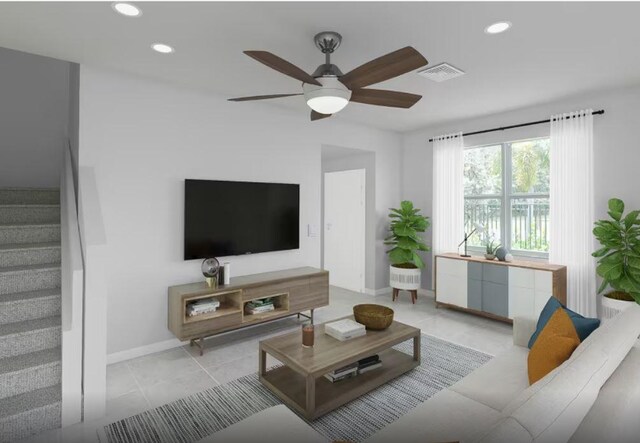 living area featuring recessed lighting, visible vents, ceiling fan, and stairway