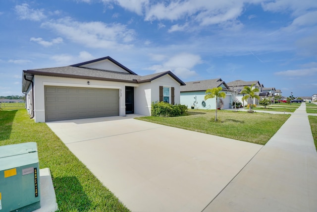 single story home featuring a garage, driveway, a residential view, stucco siding, and a front yard