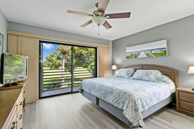 bedroom with access to exterior, a ceiling fan, and light wood-style floors