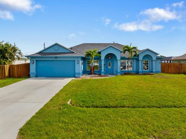 ranch-style house with a garage, driveway, fence, and a front yard