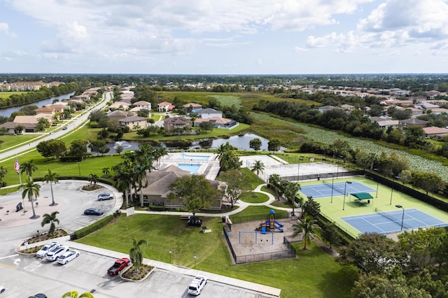 aerial view featuring a water view and a residential view