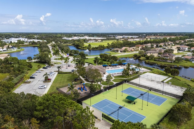 aerial view with a water view and a residential view