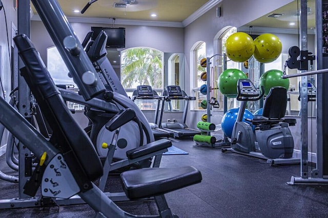 exercise room with visible vents and crown molding