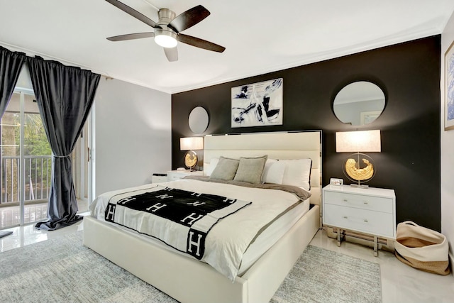 bedroom featuring access to outside, ornamental molding, and ceiling fan