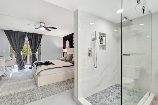 full bathroom featuring ceiling fan, a marble finish shower, and ensuite bathroom