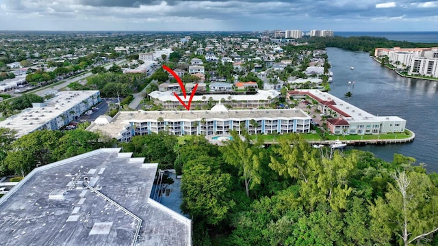 aerial view featuring a water view