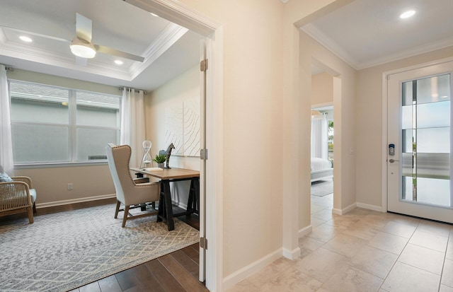 office with recessed lighting, a tray ceiling, crown molding, and baseboards