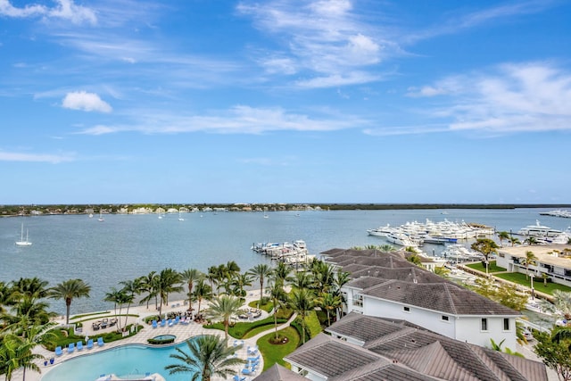 drone / aerial view with a water view