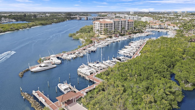 birds eye view of property featuring a water view