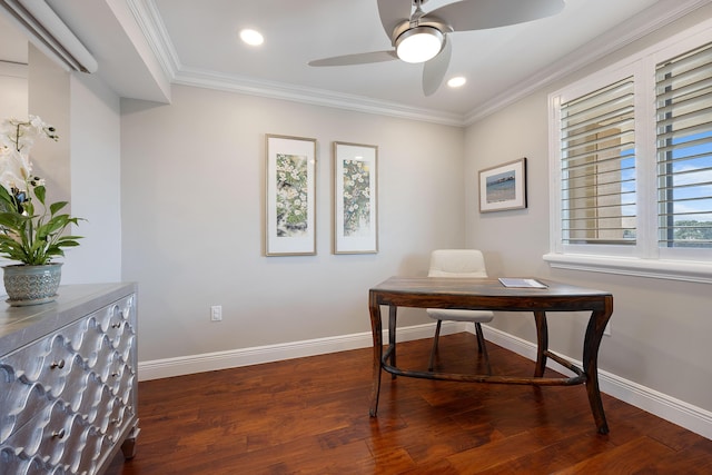 home office with ceiling fan, recessed lighting, wood finished floors, baseboards, and ornamental molding