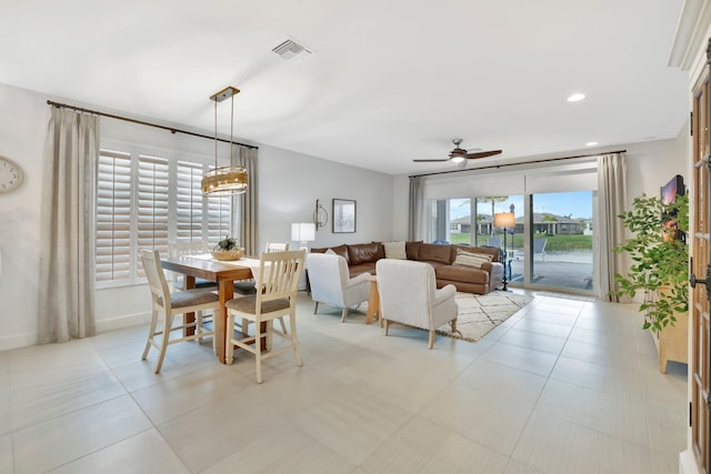 dining room featuring recessed lighting, visible vents, a ceiling fan, light tile patterned flooring, and baseboards