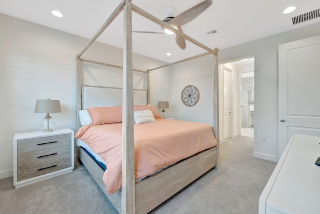 bedroom featuring recessed lighting, visible vents, and light colored carpet