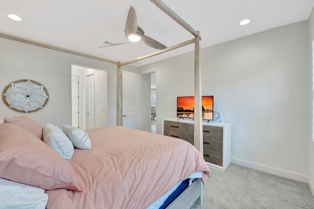 bedroom featuring light carpet, ceiling fan, baseboards, and recessed lighting