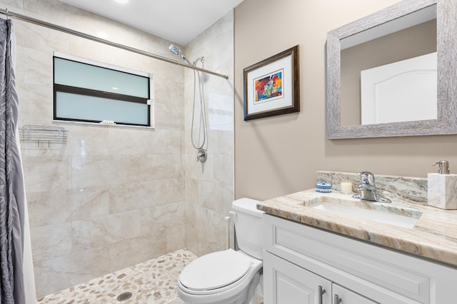 full bathroom with vanity, toilet, and a shower stall