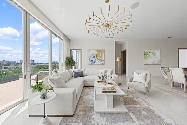 living area with an inviting chandelier