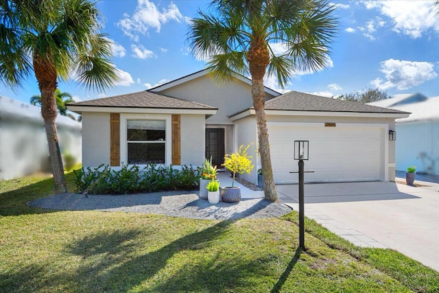 single story home featuring a front lawn, concrete driveway, an attached garage, and stucco siding