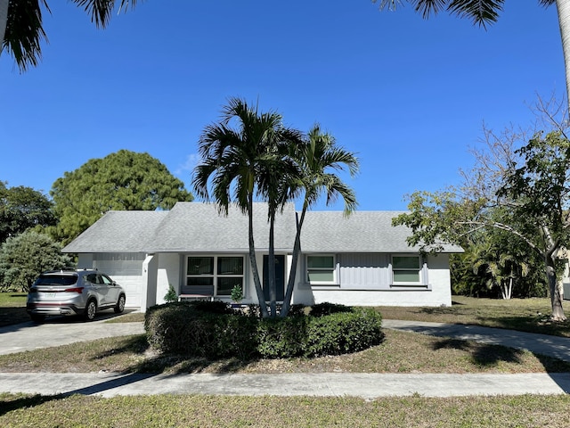 ranch-style home with an attached garage, roof with shingles, concrete driveway, and stucco siding