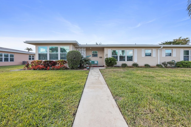 single story home featuring a front lawn and stucco siding