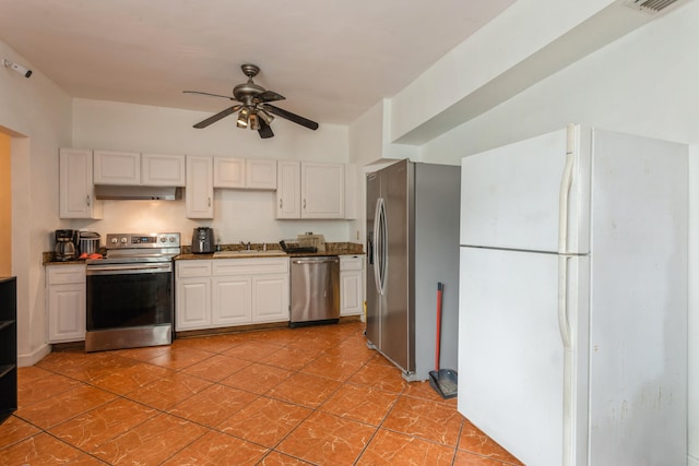 kitchen with stainless steel appliances, white cabinets, and under cabinet range hood