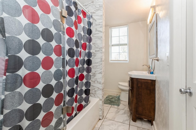 bathroom featuring toilet, vanity, baseboards, marble finish floor, and shower / tub combo with curtain