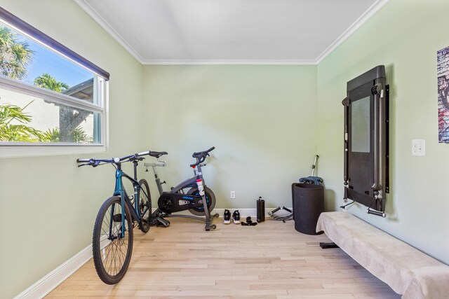 exercise room featuring light wood-type flooring, baseboards, and ornamental molding