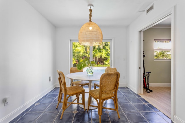 dining room with baseboards, visible vents, and a healthy amount of sunlight