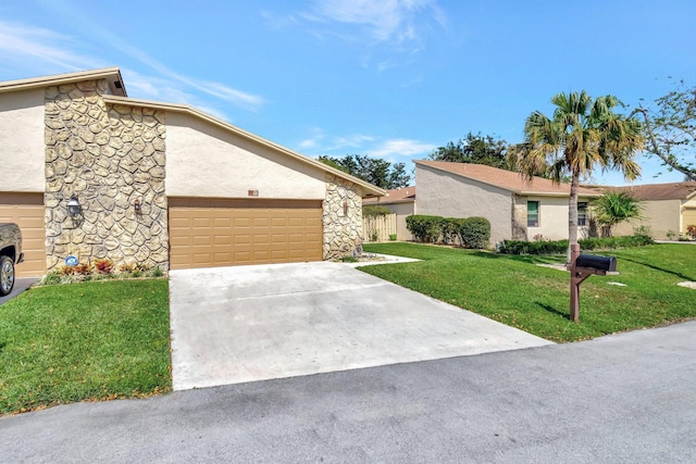 view of front facade featuring an attached garage, stone siding, concrete driveway, stucco siding, and a front lawn