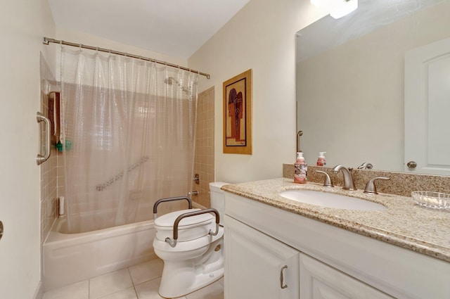 full bath featuring toilet, shower / tub combo, vanity, and tile patterned floors