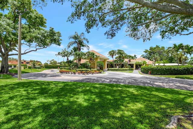 view of property's community featuring driveway, a lawn, and a residential view