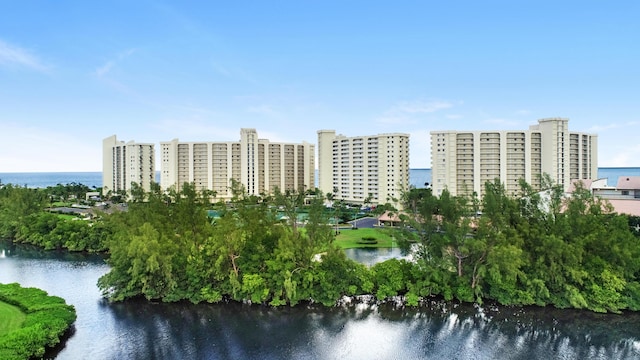 birds eye view of property featuring a view of city and a water view