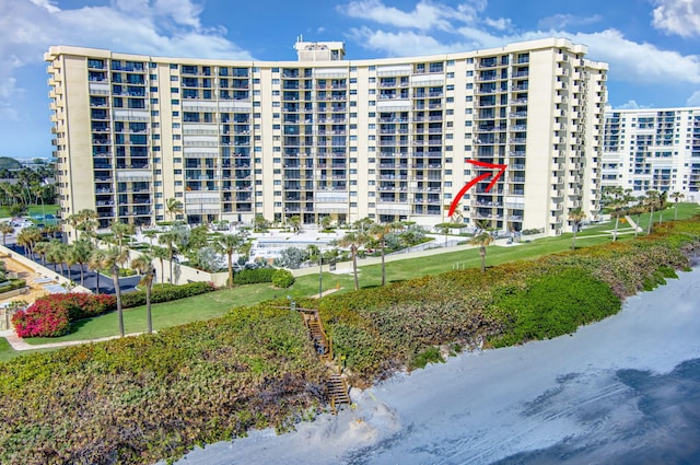 view of building exterior featuring a water view