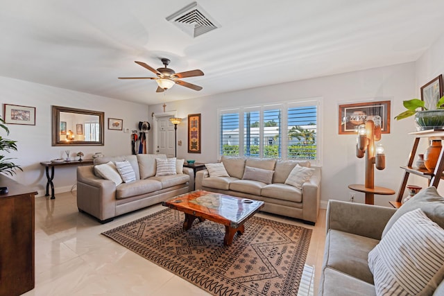 living room with a ceiling fan, visible vents, and baseboards