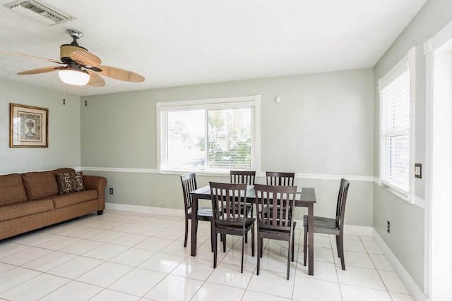 dining space featuring ceiling fan, light tile patterned flooring, visible vents, and baseboards