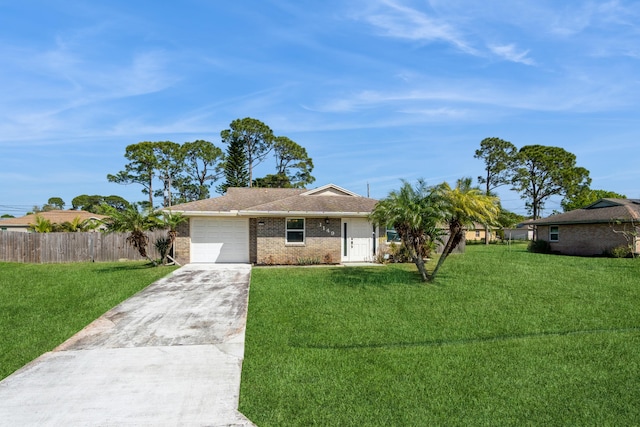 ranch-style house with a garage, brick siding, fence, driveway, and a front lawn