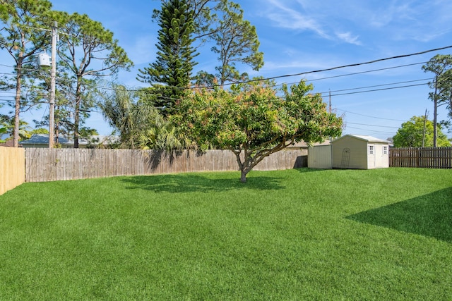 view of yard featuring a storage shed, an outdoor structure, and a fenced backyard