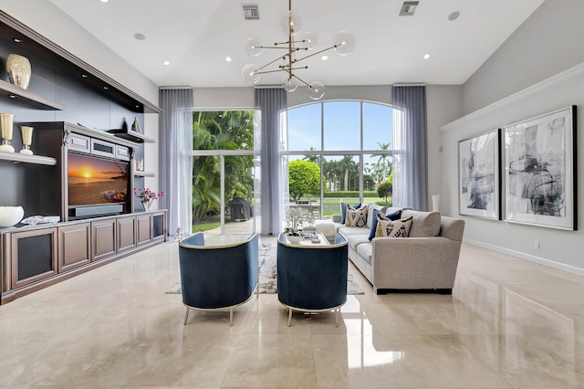 living room featuring recessed lighting, marble finish floor, and visible vents