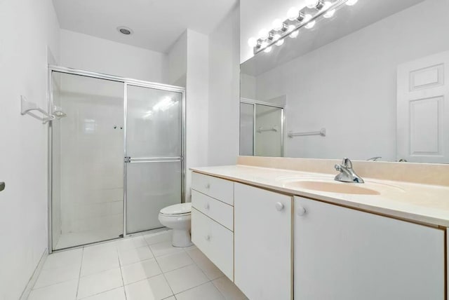 full bathroom with a shower stall, tile patterned floors, vanity, and toilet