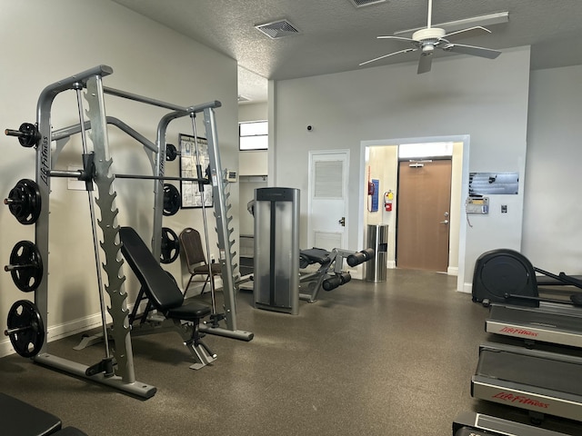 workout area with baseboards, visible vents, ceiling fan, and a textured ceiling