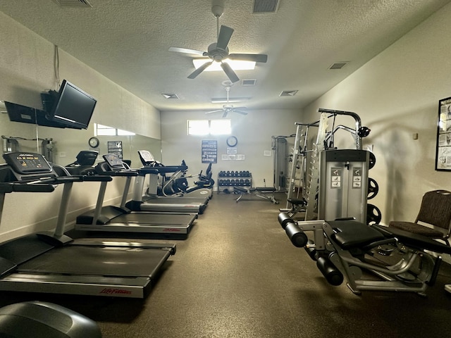 exercise room featuring a textured ceiling, ceiling fan, and visible vents