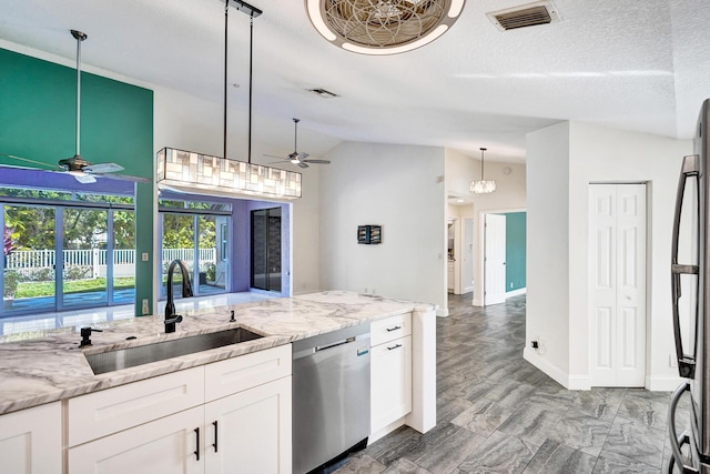 kitchen featuring visible vents, a sink, stainless steel dishwasher, and ceiling fan