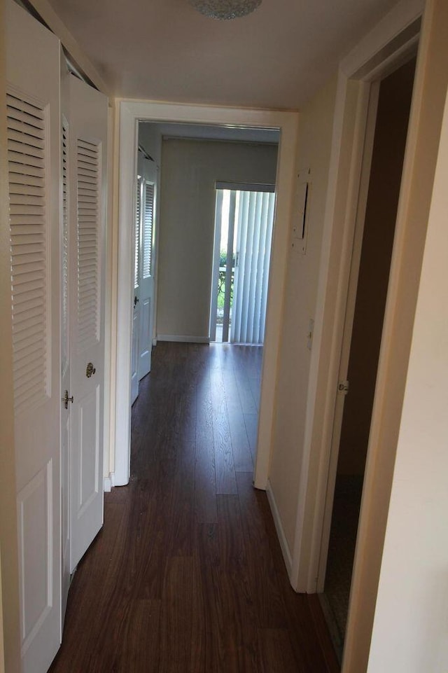 corridor featuring baseboards and dark wood-type flooring