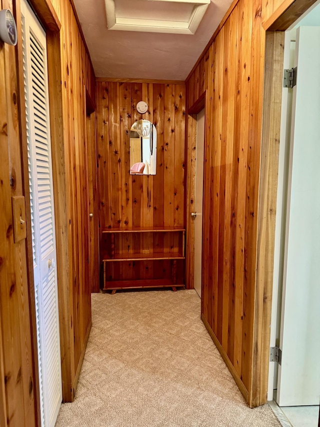 hall featuring wood walls and carpet flooring