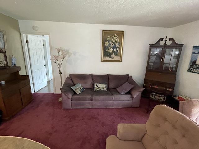 carpeted living room featuring a textured ceiling