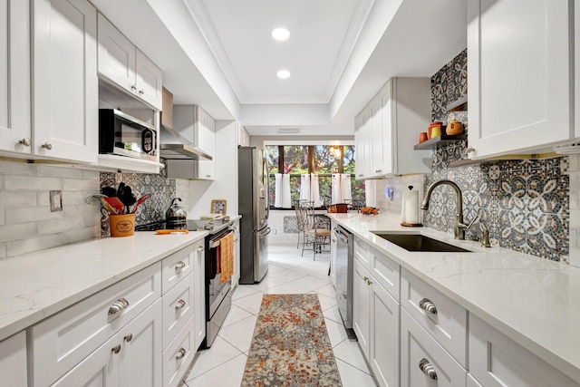 kitchen featuring stainless steel appliances, a raised ceiling, ornamental molding, a sink, and wall chimney exhaust hood