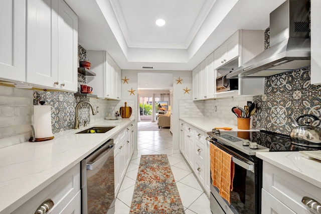 kitchen with a tray ceiling, stainless steel appliances, crown molding, wall chimney range hood, and a sink